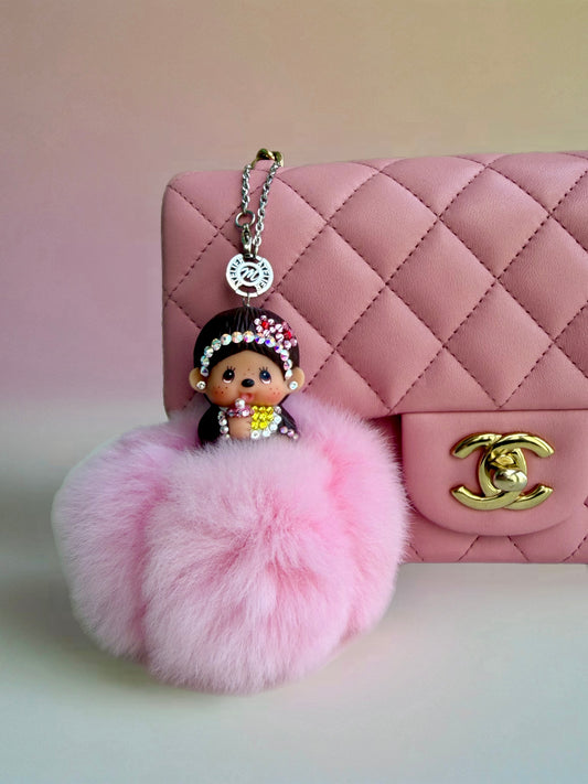 Fur Pompom Bag Charm (Pink Monchhichi)