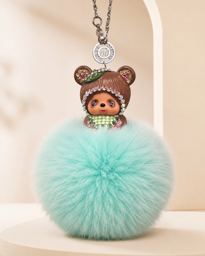 Fur Pompom Bag Charm (Green Raccoon)