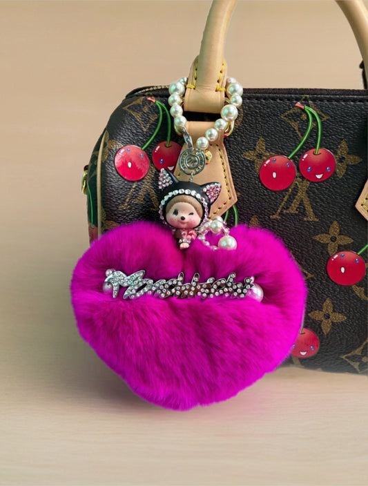 Fur in Heart Bag Charm (Pink Black Cat)