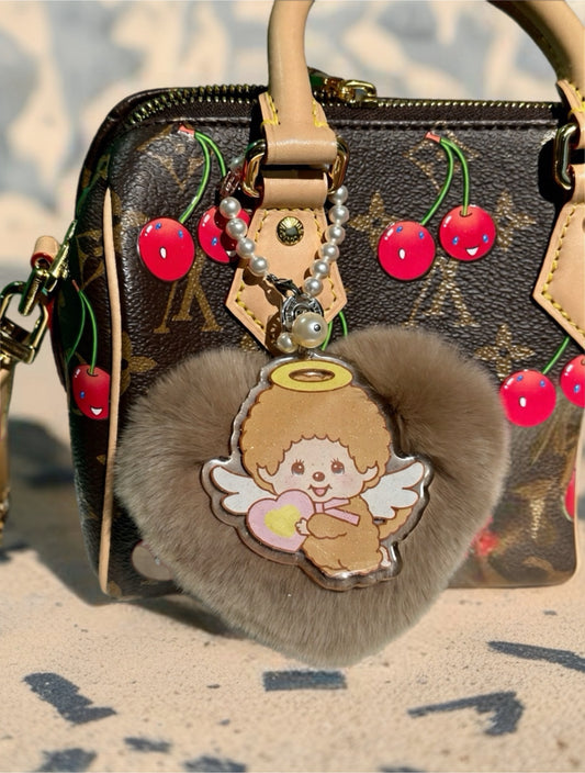 Fur in Heart Bag Charm (Brown Angel Boy Monchhichi)