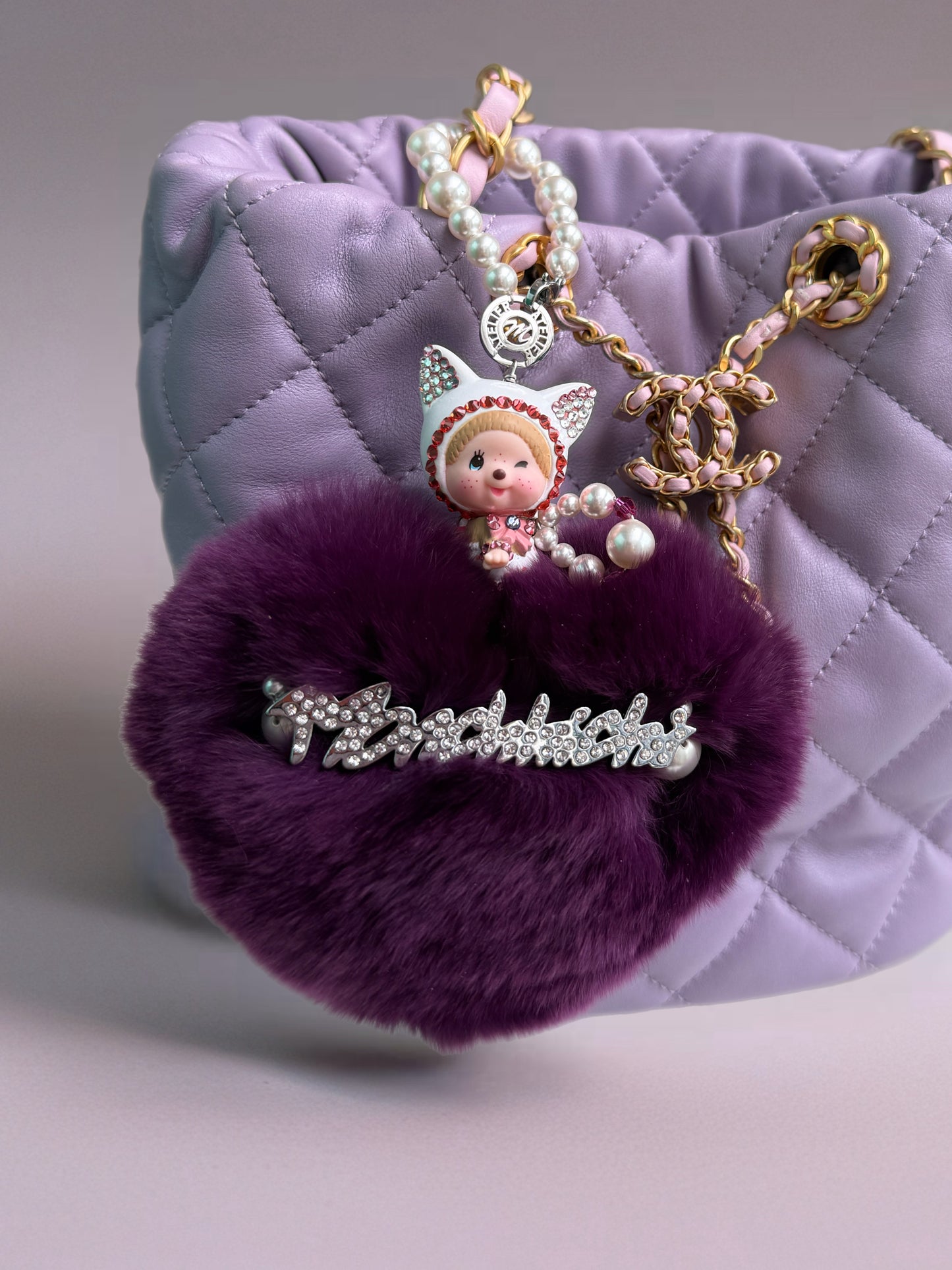 Fur in Heart Bag Charm (Purple White Cat)