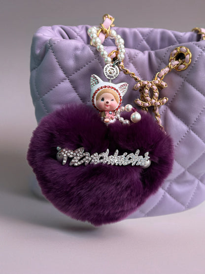 Fur in Heart Bag Charm (Purple White Cat)