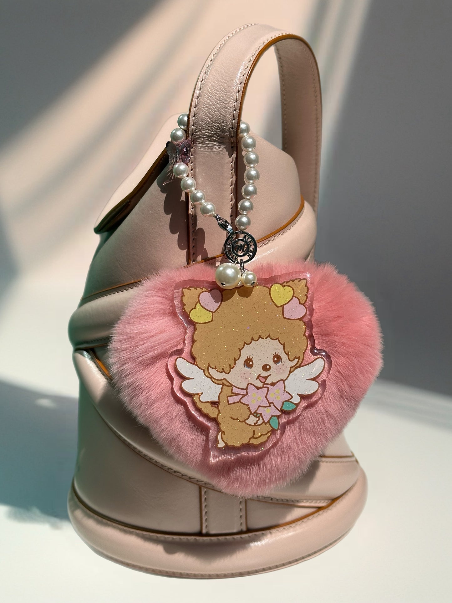 Fur in Heart Bag Charm (Pink Angel Girl Monchhichi)