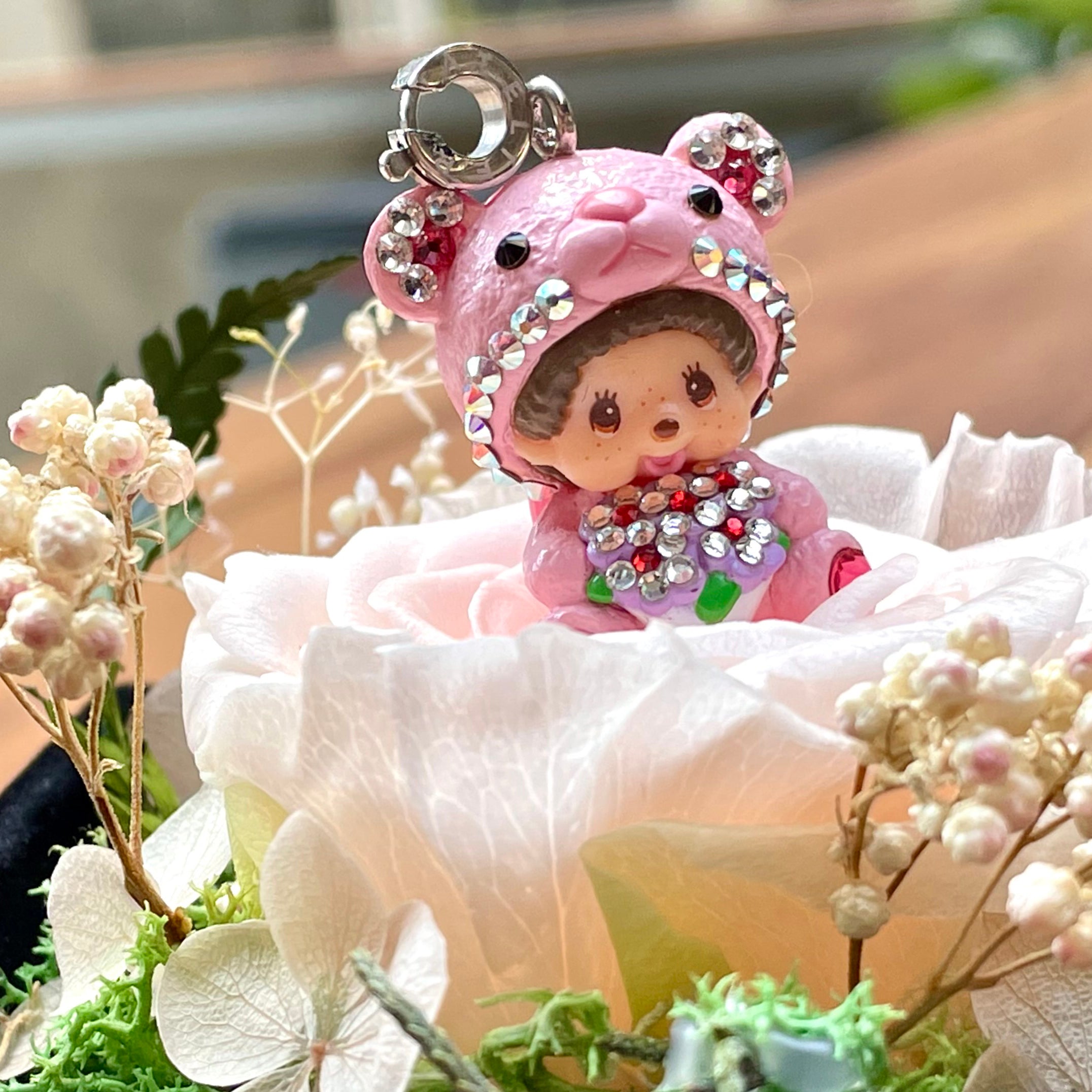 Monchhichi Swarovski Pink Teddy Bear Charm | Crystal Jewelry