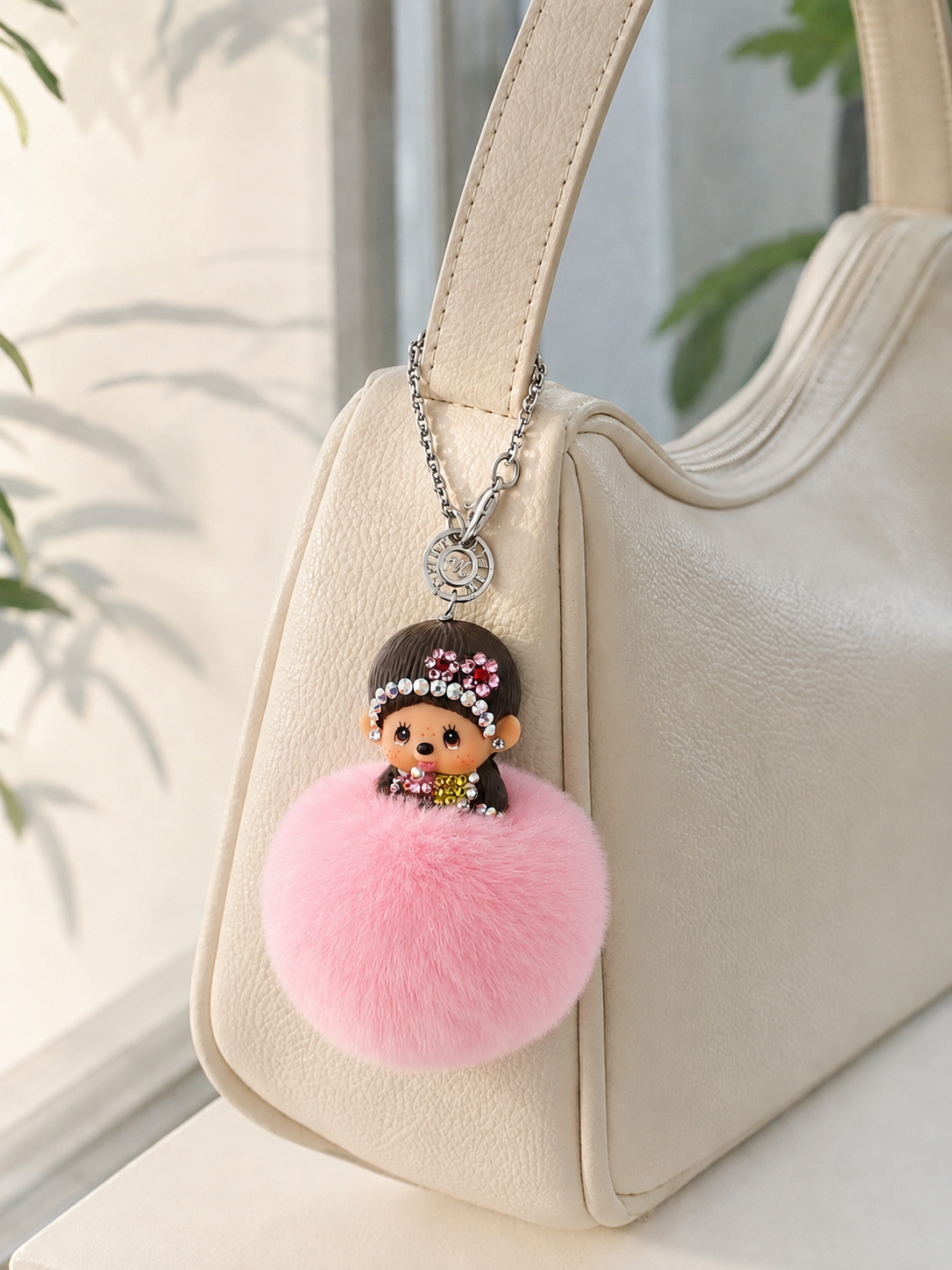 Fur Pompom Bag Charm (Pink Monchhichi)