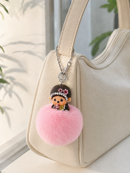 Fur Pompom Bag Charm (Pink Monchhichi)